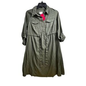 Isabel Maternity‎ Women's Olive Long Roll Tap Sleeve Shirtdress SZ XS Collared